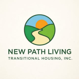 New Path Living logo featuring a circular design with green rolling hills, a winding path, blue sky, and orange sun above text reading Transitional Housing, Inc.